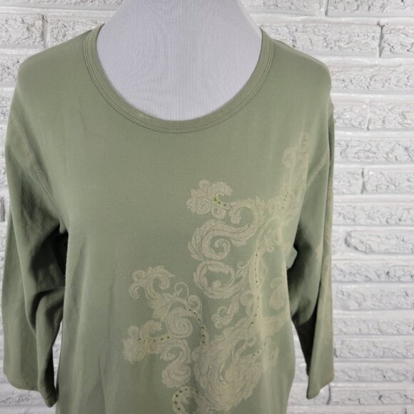 Bay Studio Khakis Womens Top 1X Plus 3/4 Sleeve Green Rhinestones GRE10E - Picture 3 of 8